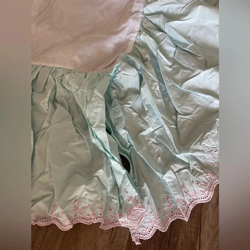 Simply Shabby Chic Baby Cribskirt Dust Ruffle  Blue Pink Embroidery VTG 2012 New